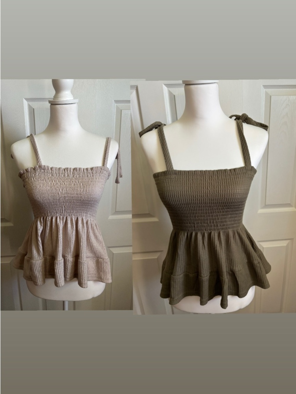 Lot of 2 Paper Crane Taupe & Olive Smocked Tie Strap Ruffle Peplum Top